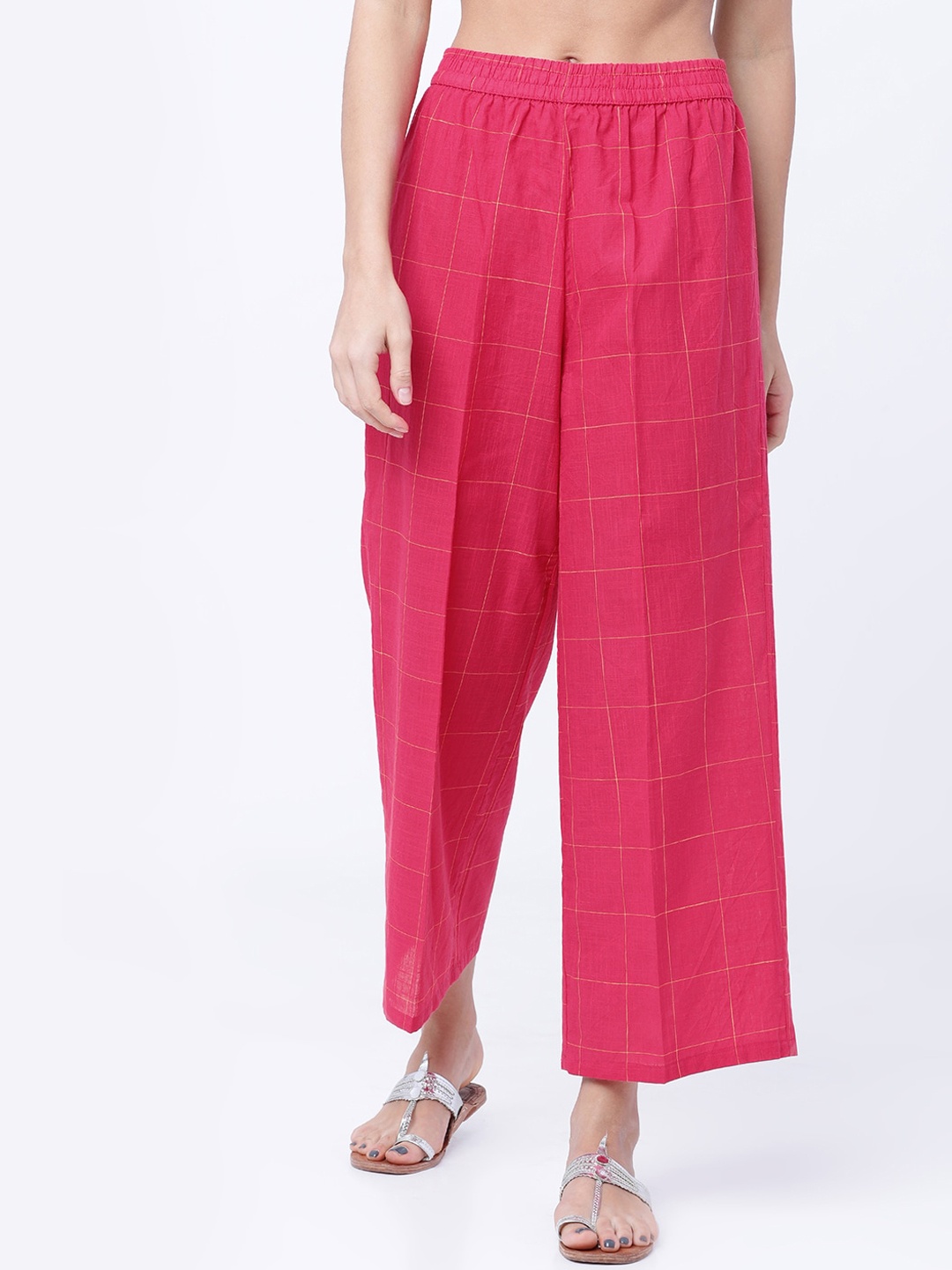 

Vishudh Women Pink & Yellow Checked Straight Palazzo