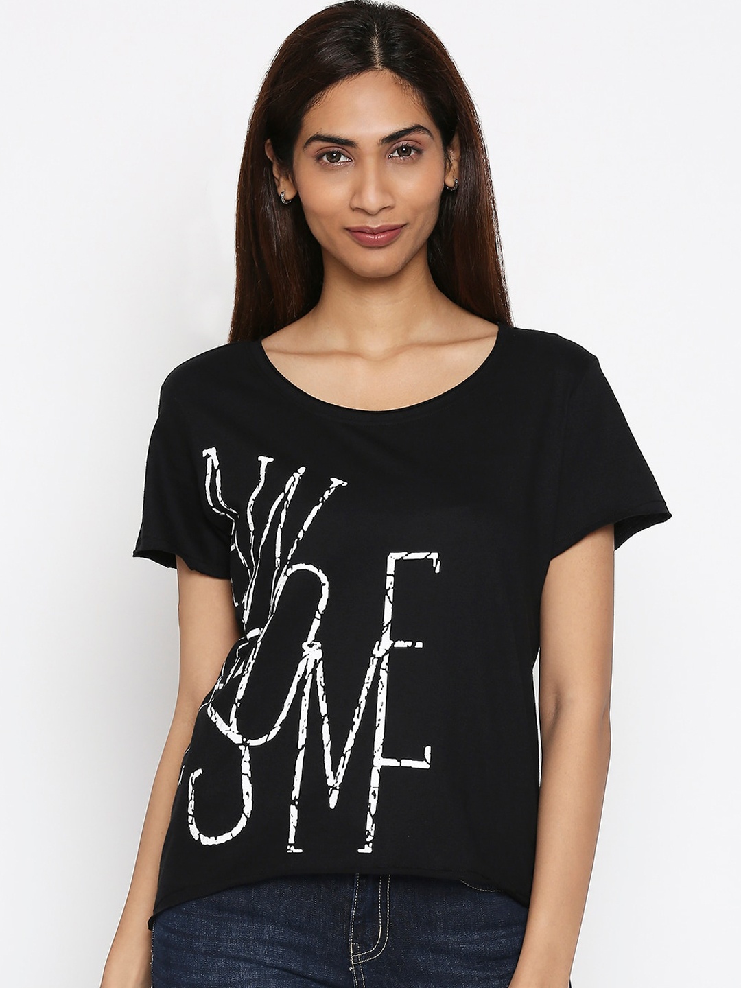 

People Women Black Printed Round Neck Pure Cotton T-shirt
