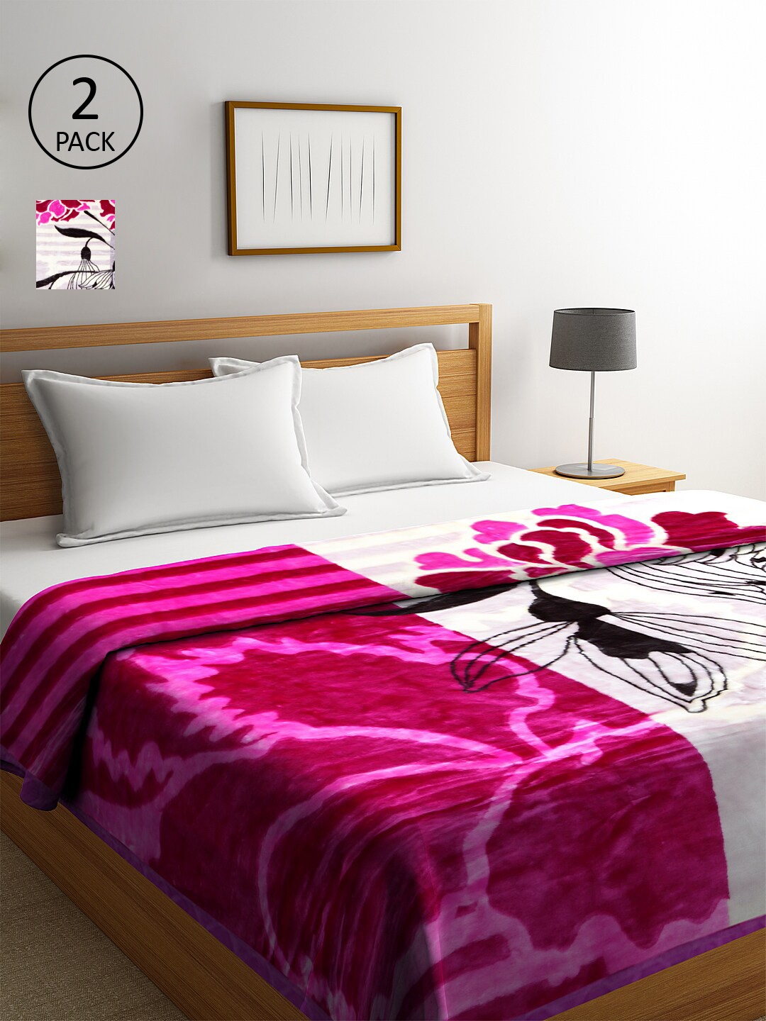 

KLOTTHE Set of 2 Magenta & White Floral-Printed Heavy Winter 800 GSM Single Bed Blankets