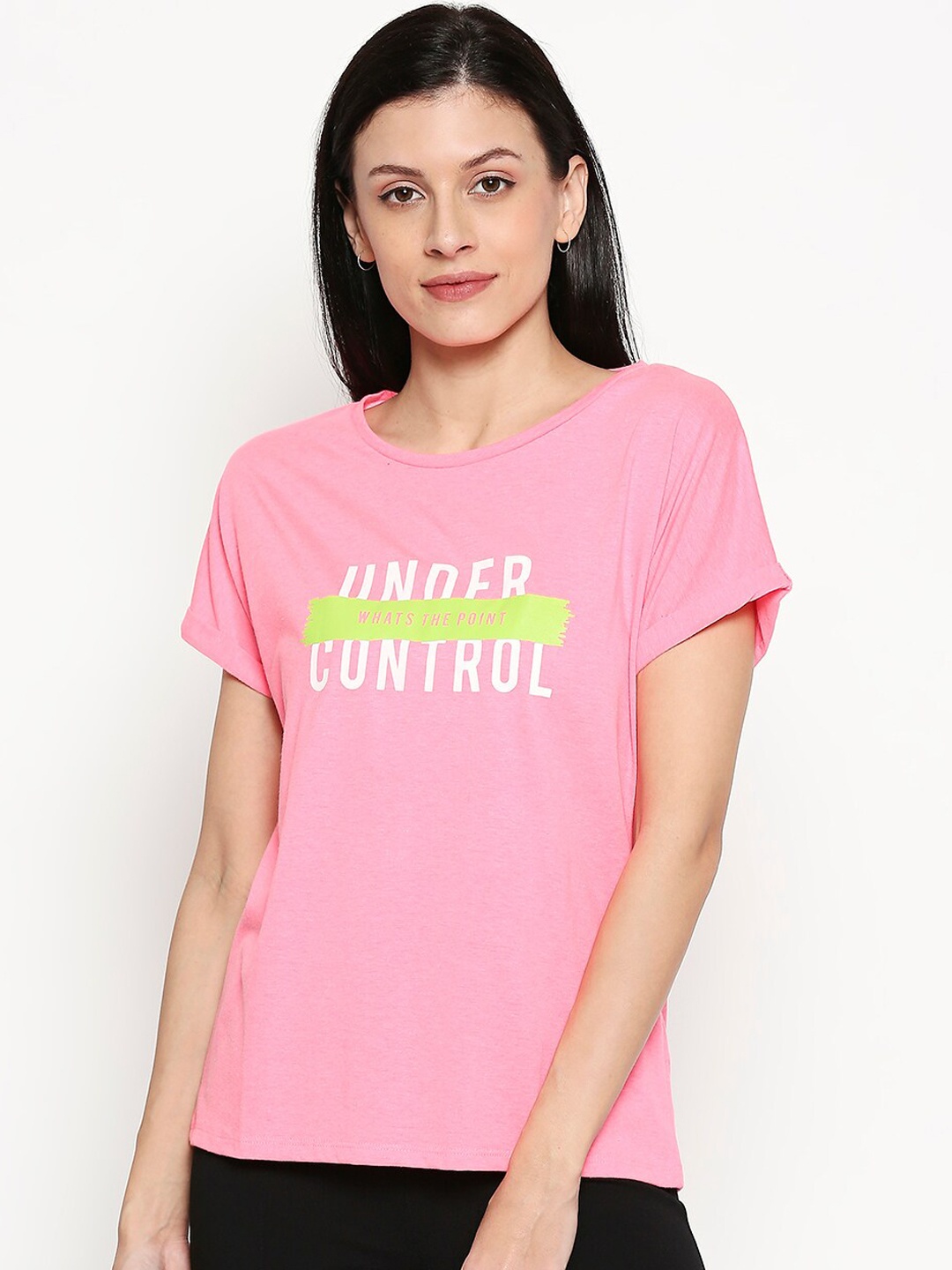 

People Women Pink Printed Round Neck T-shirt