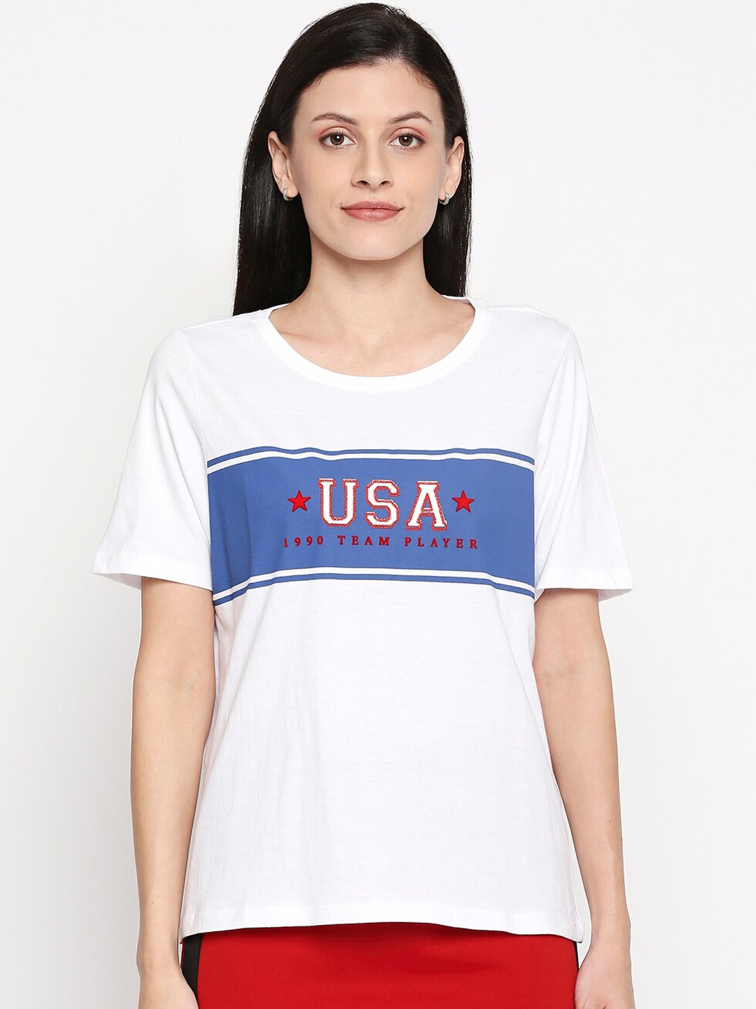 

People Women White Blue Printed Round Neck Pure Cotton T-shirt