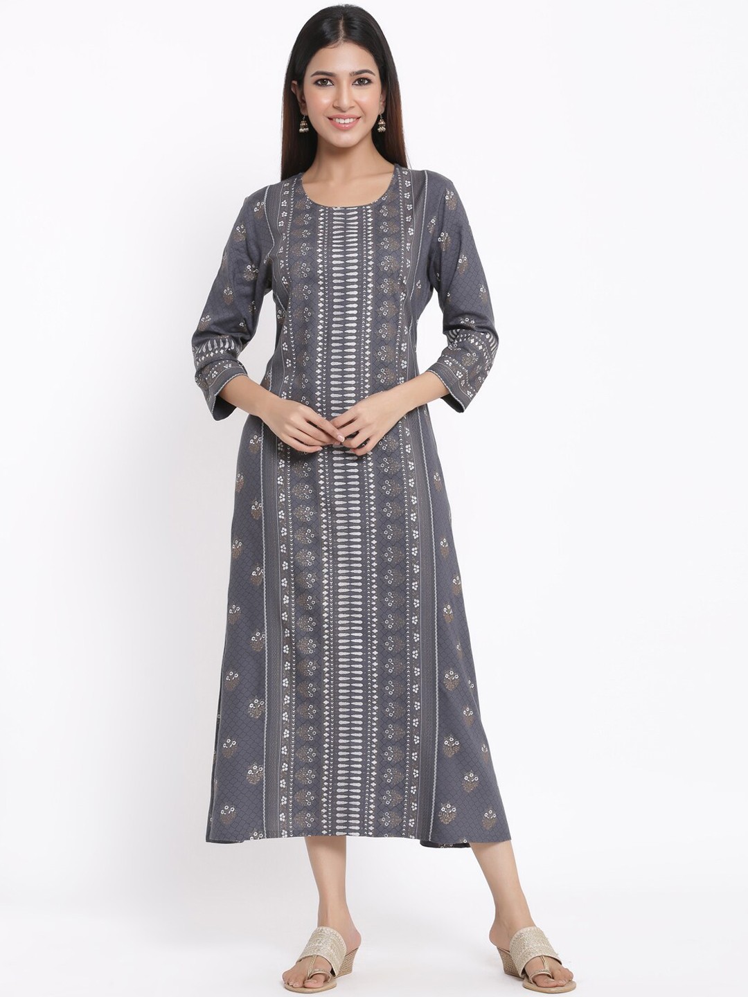 

kipek Women Grey Printed A-Line Ethnic Dress