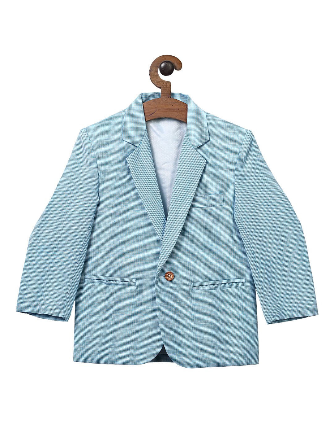 

RIKIDOOS Boys Turquoise Blue Checked Single-Breasted Comfort-Fit Blazer