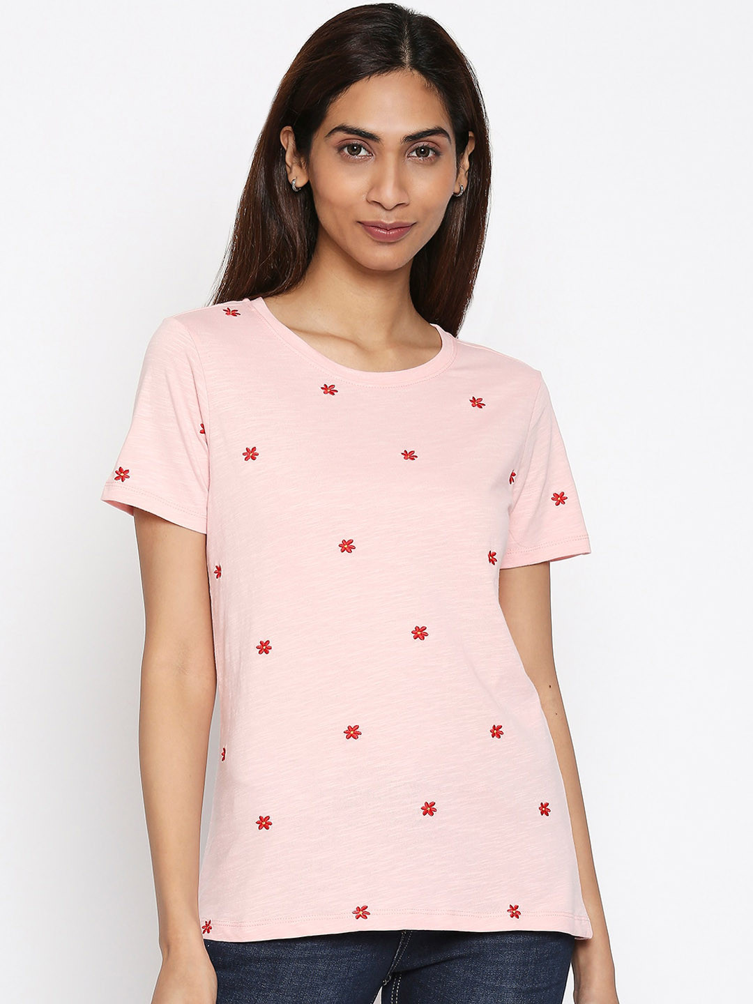 

Honey by Pantaloons Women Pink Printed Round Neck Cotton Pure Cotton T-shirt