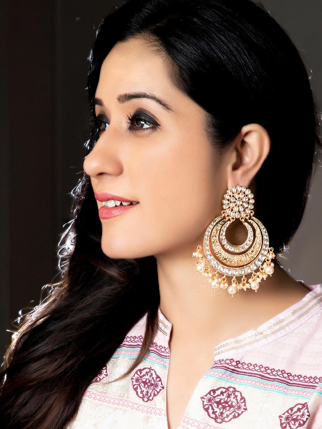 

Rubans Gold-Toned & White Crescent Shaped Chandbalis