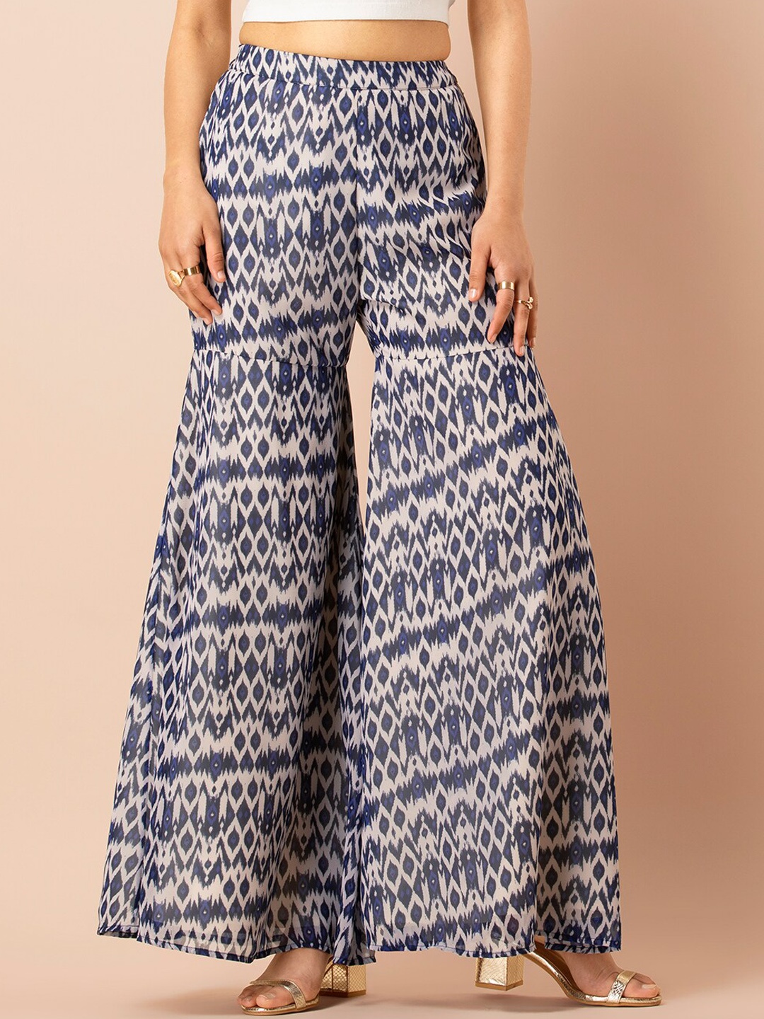 

INDYA Women Blue & Grey Flared Printed Regular Trousers