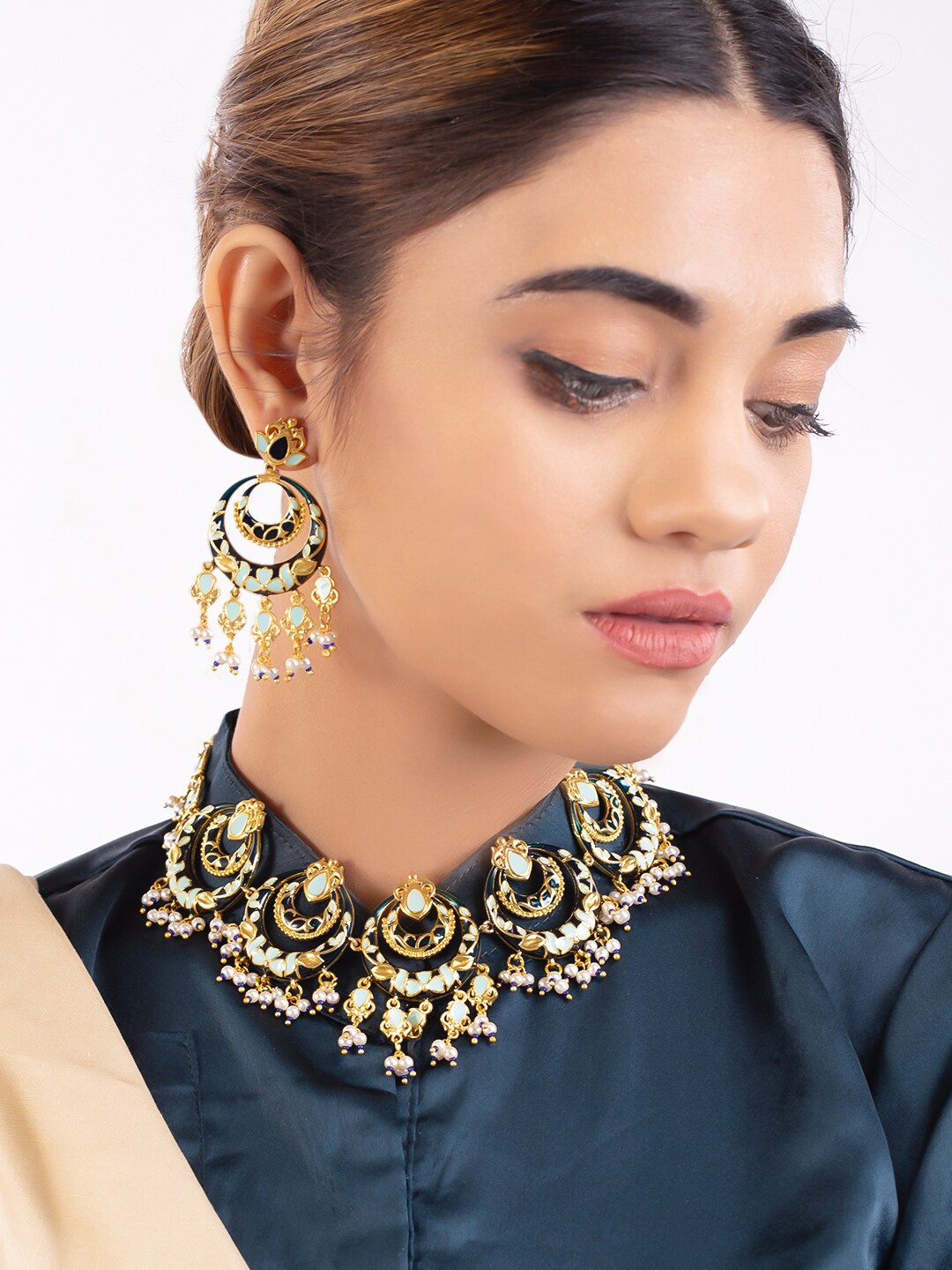 

Voylla Gold-Plated Blue & White Beaded Enamelled Jewellery Set