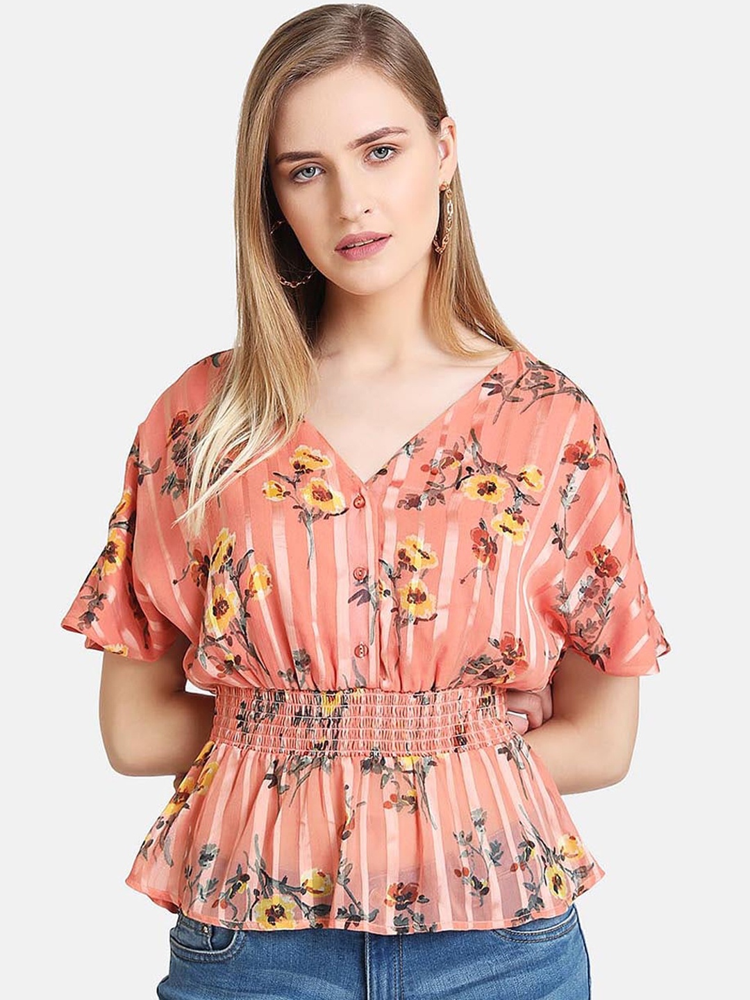 

Kazo Women Peach-Coloured Printed Cinched Waist Top
