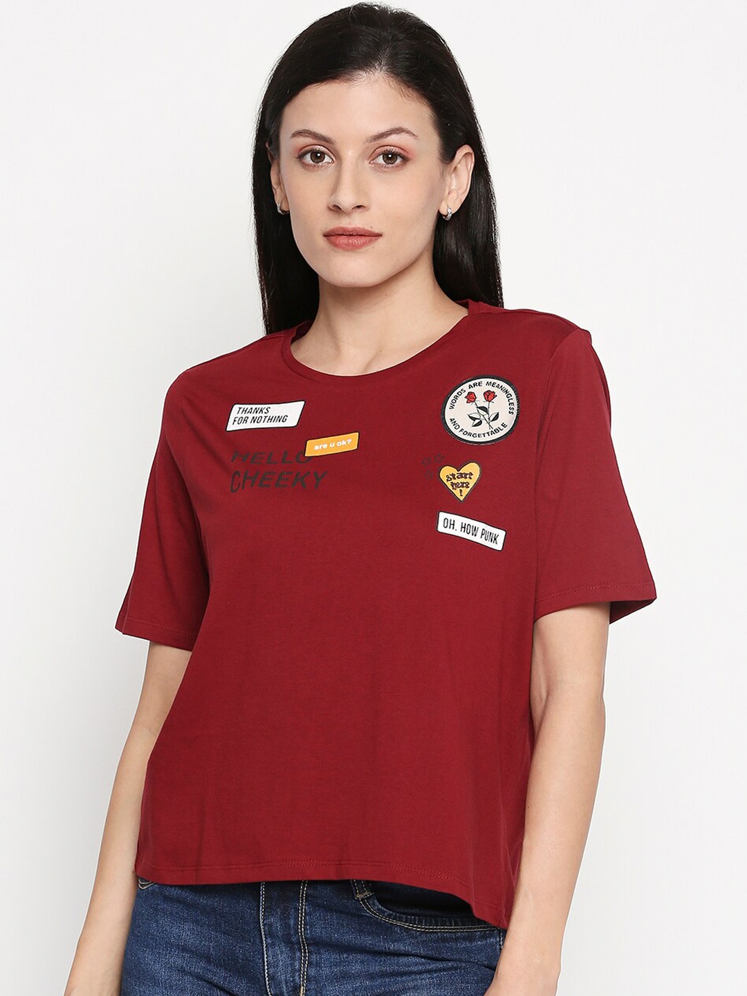 

People Women Maroon Printed Round Neck Pure Cotton T-shirt