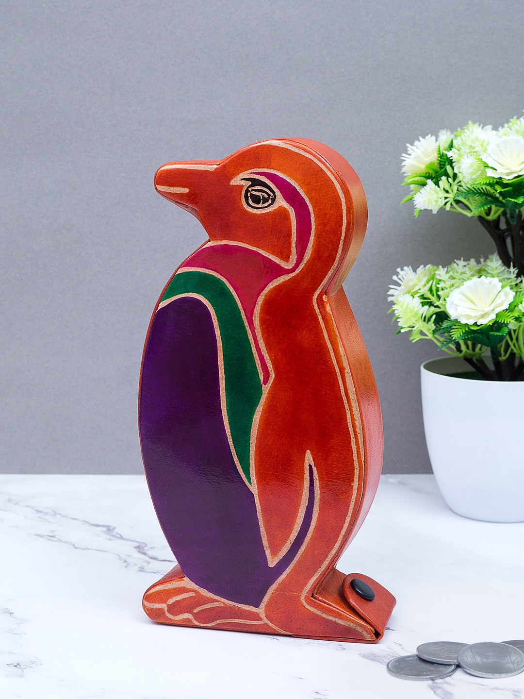 

Golden Peacock Multicoloured Penguin Shaped Coin Box Showpiece, Multi