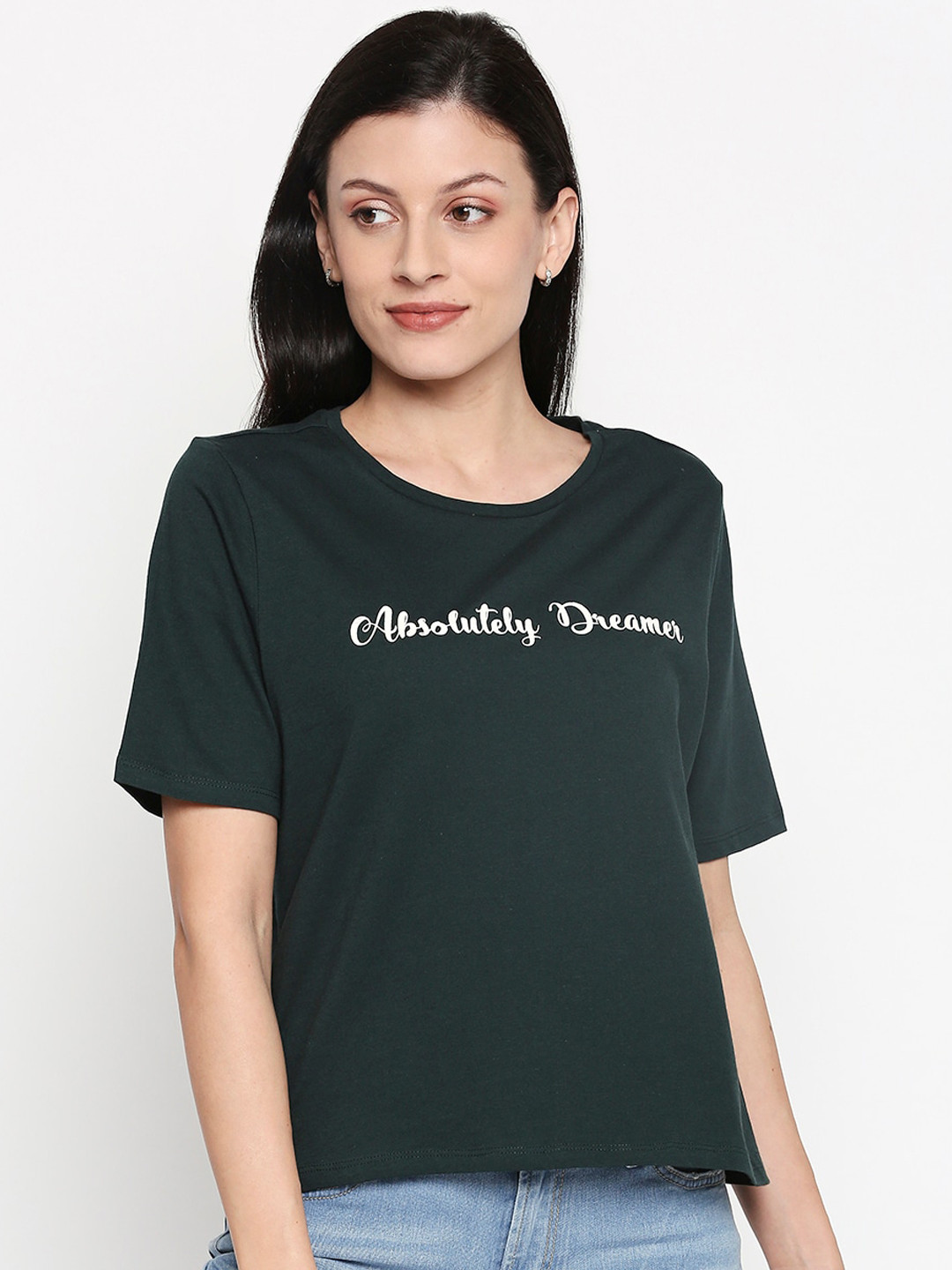 

People Women Green Solid Round Neck T-shirt