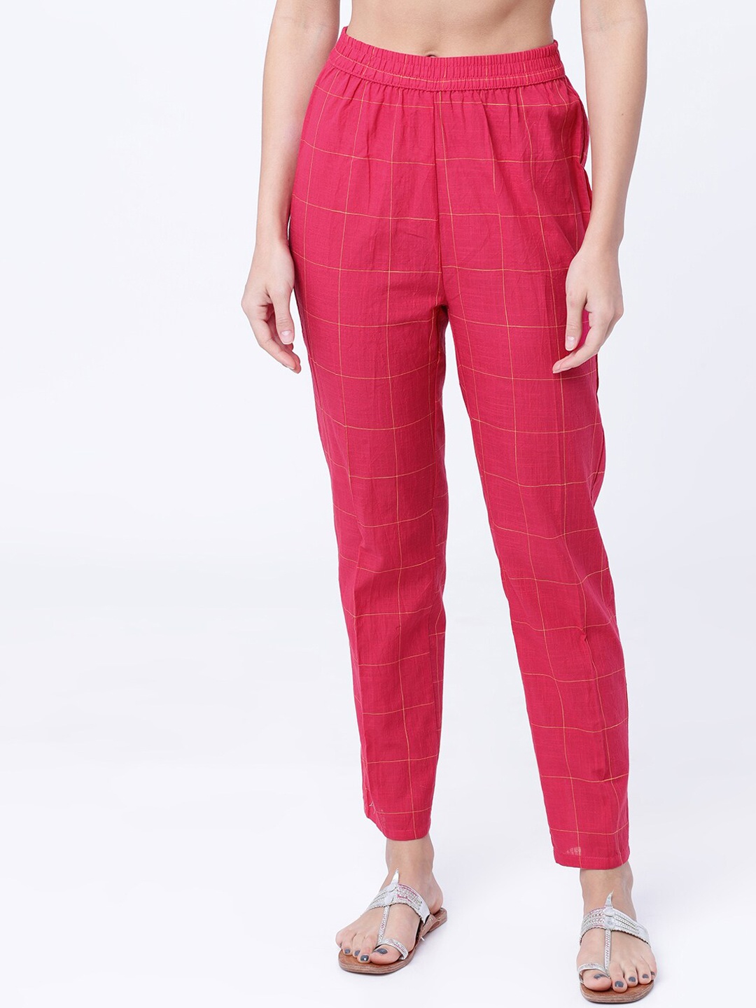 

Vishudh Women Pink & Yellow Regular Fit Checked Regular Trousers