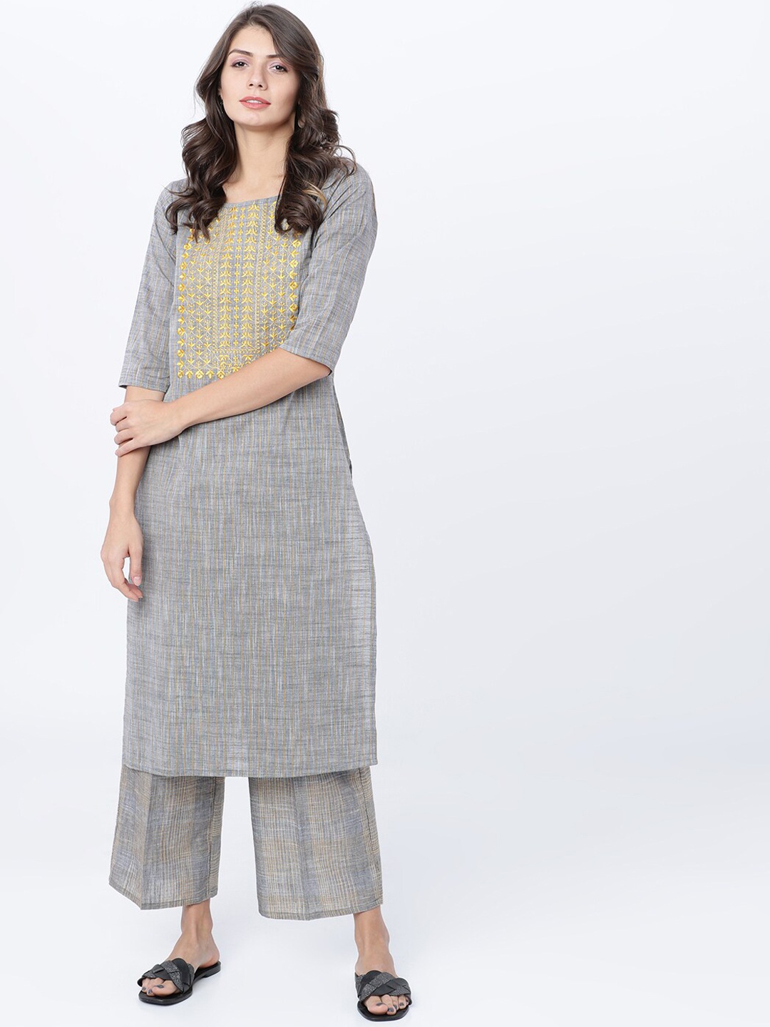 

Vishudh Women Grey & Mustard Striped Straight Kurta