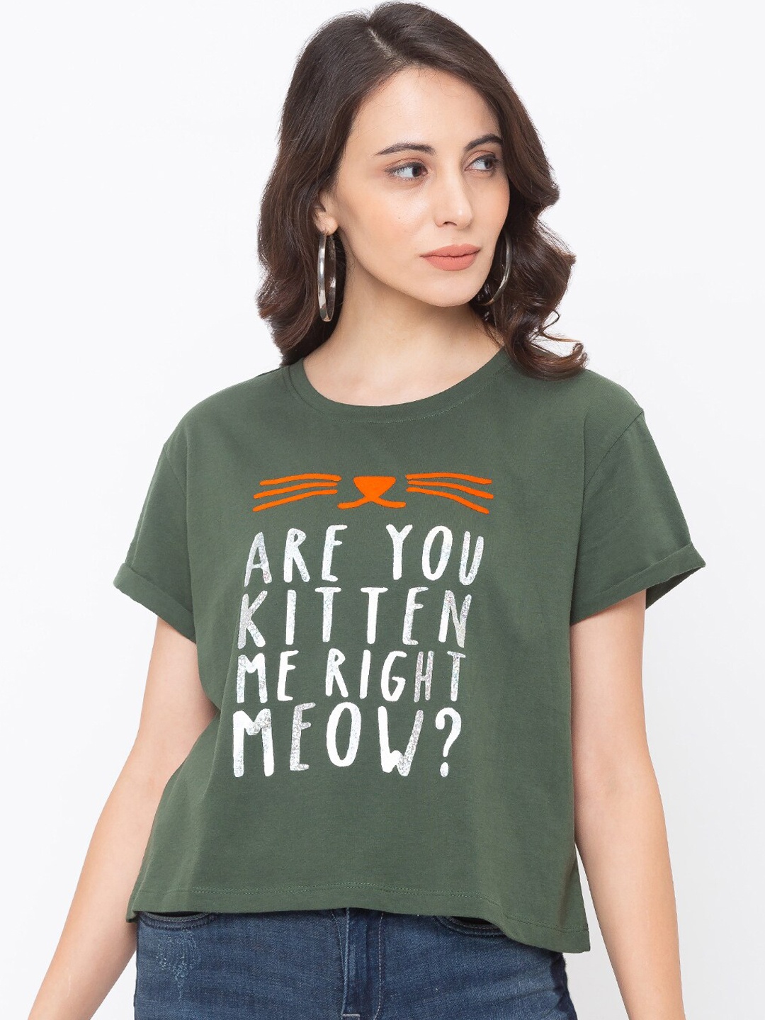

Globus Women Olive Green Printed Round Neck T-shirt