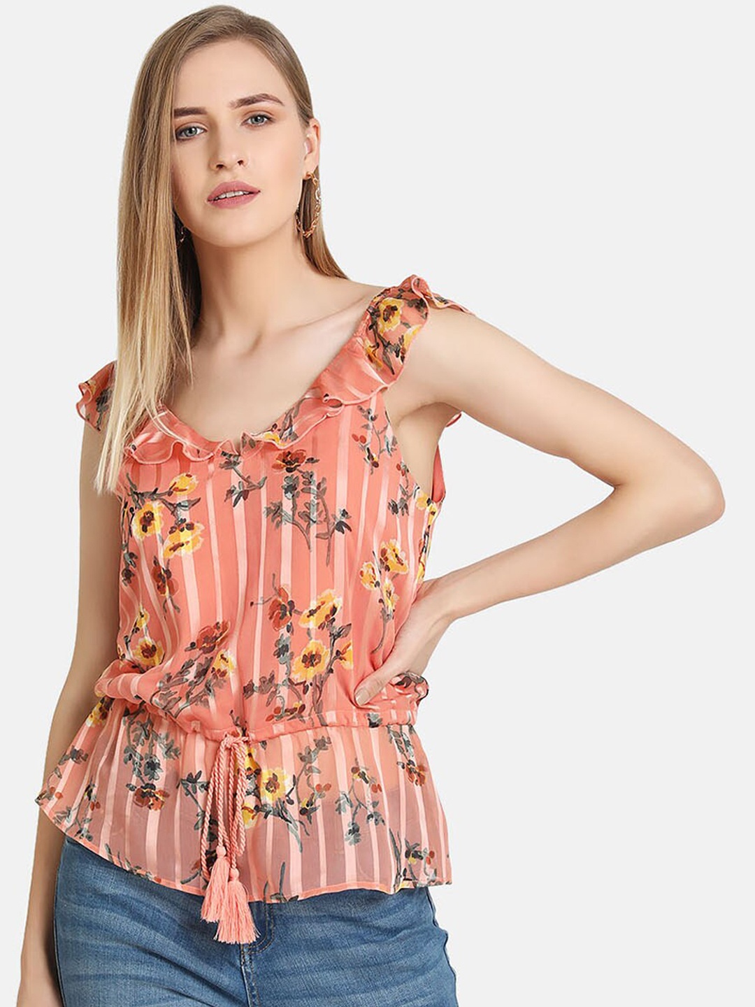 

Kazo Women Peach-Coloured Printed Cinched Waist Top