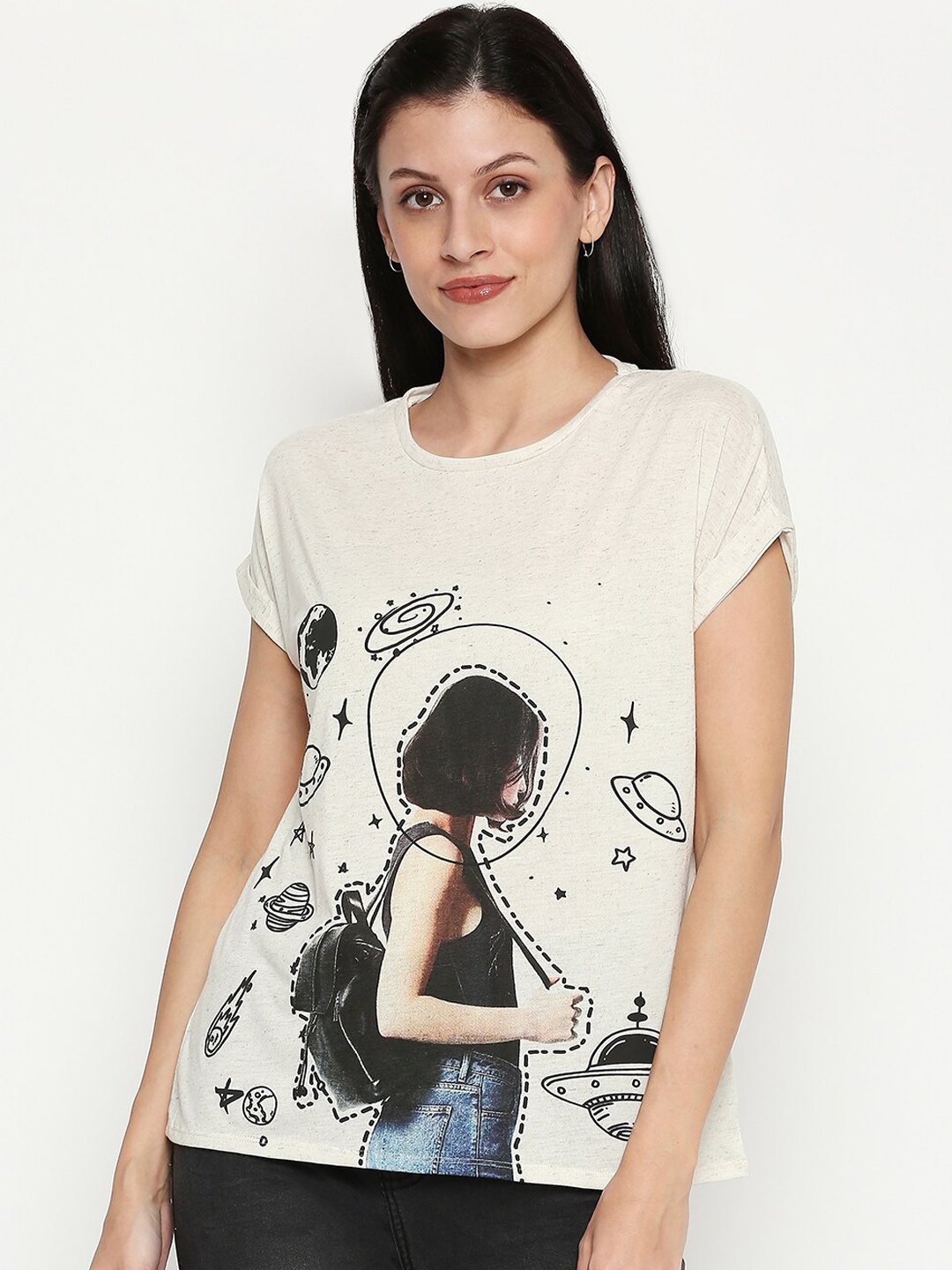 

People Women White Printed Round Neck T-shirt