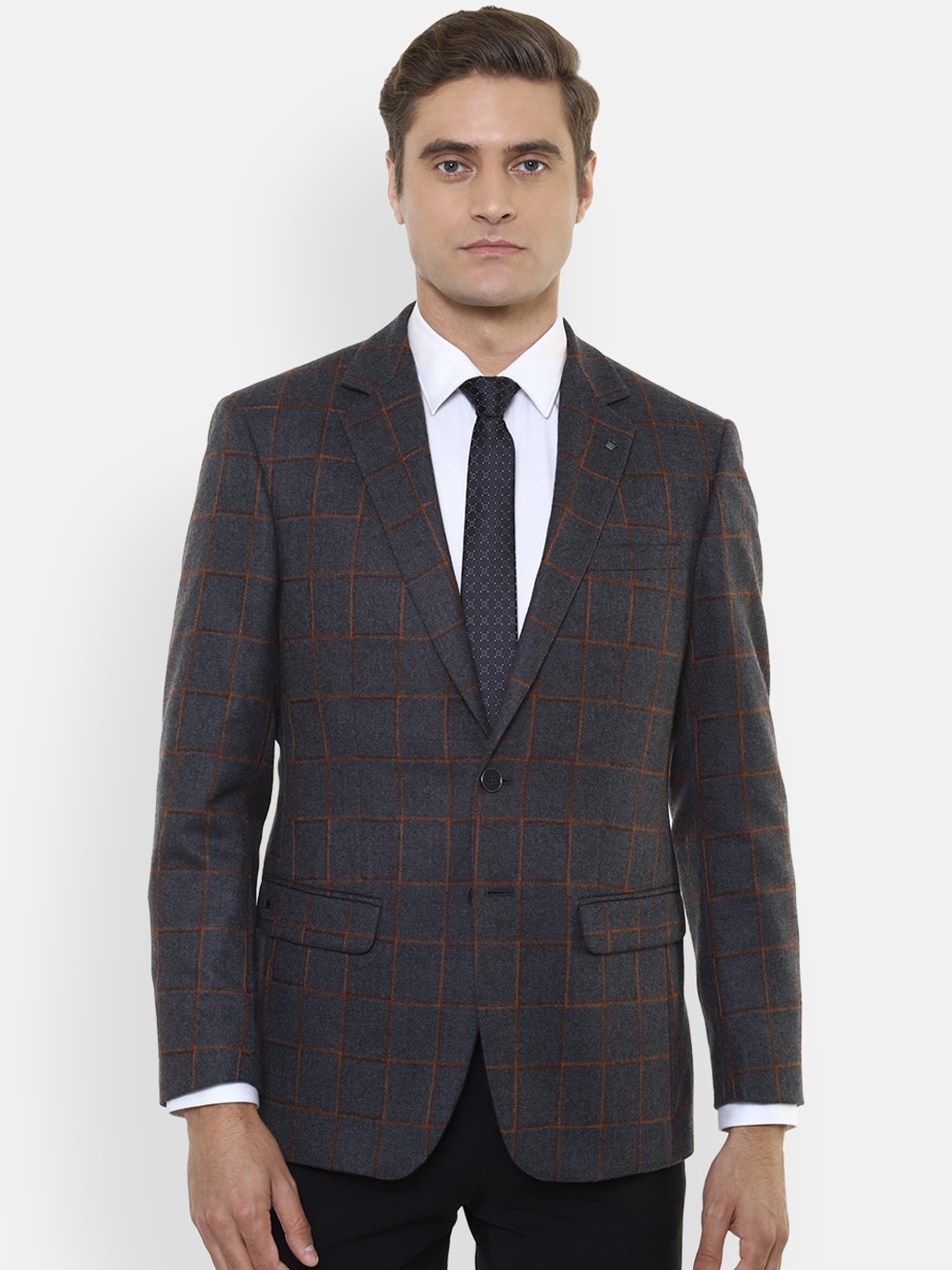 

Louis Philippe Men Grey & Maroon Checked Single-Breasted Woolen Formal Blazer