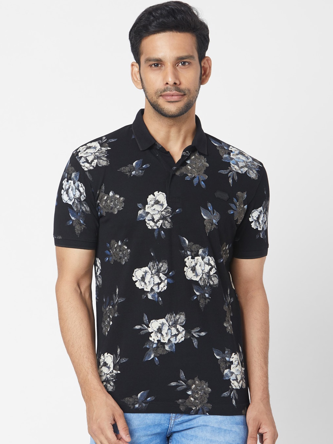 

Mufti Men Black Printed Polo Collar Pure Cotton T-shirt