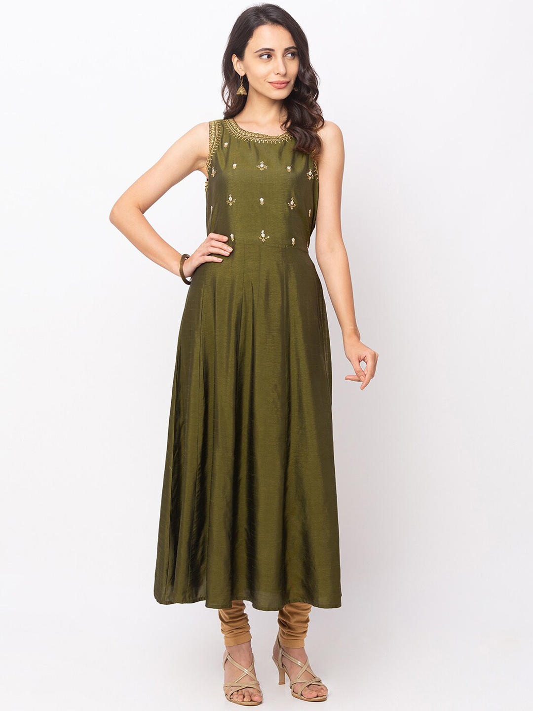 

Globus Women Olive Green Solid A-Line Kurta