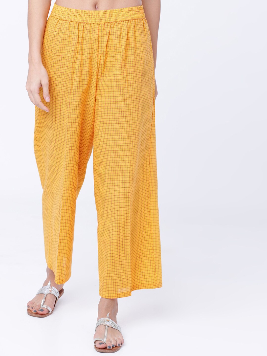 

Vishudh Women Mustard Yellow & Red Checked Straight Palazzos