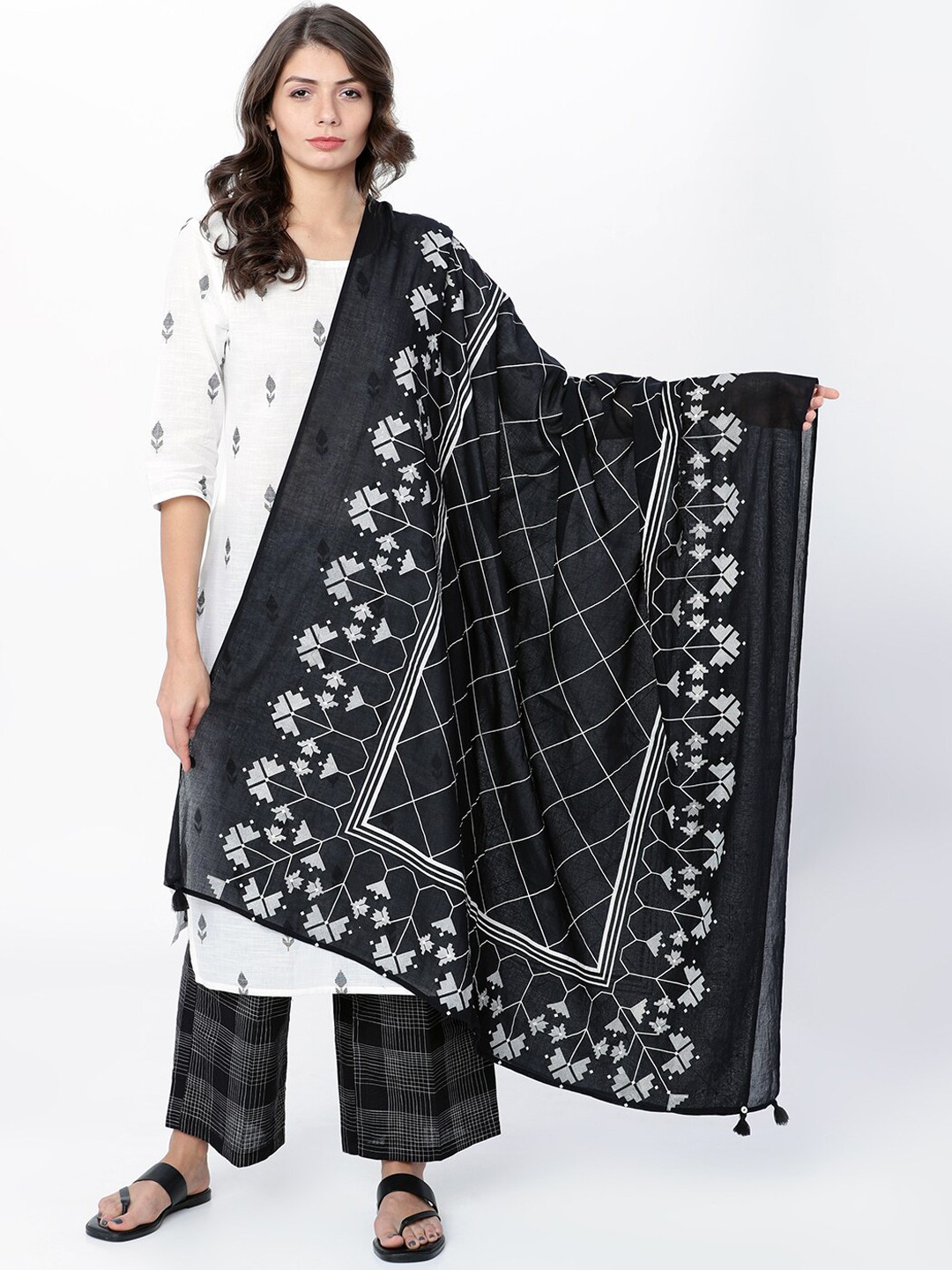 

Vishudh Women Black & Off White Printed Dupatta
