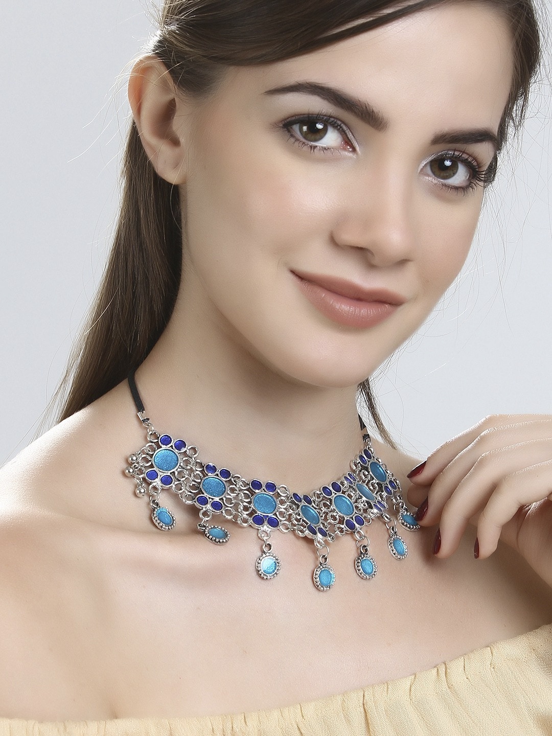 

Rubans Silver-Toned Blue Stone-Studded Statement Necklace