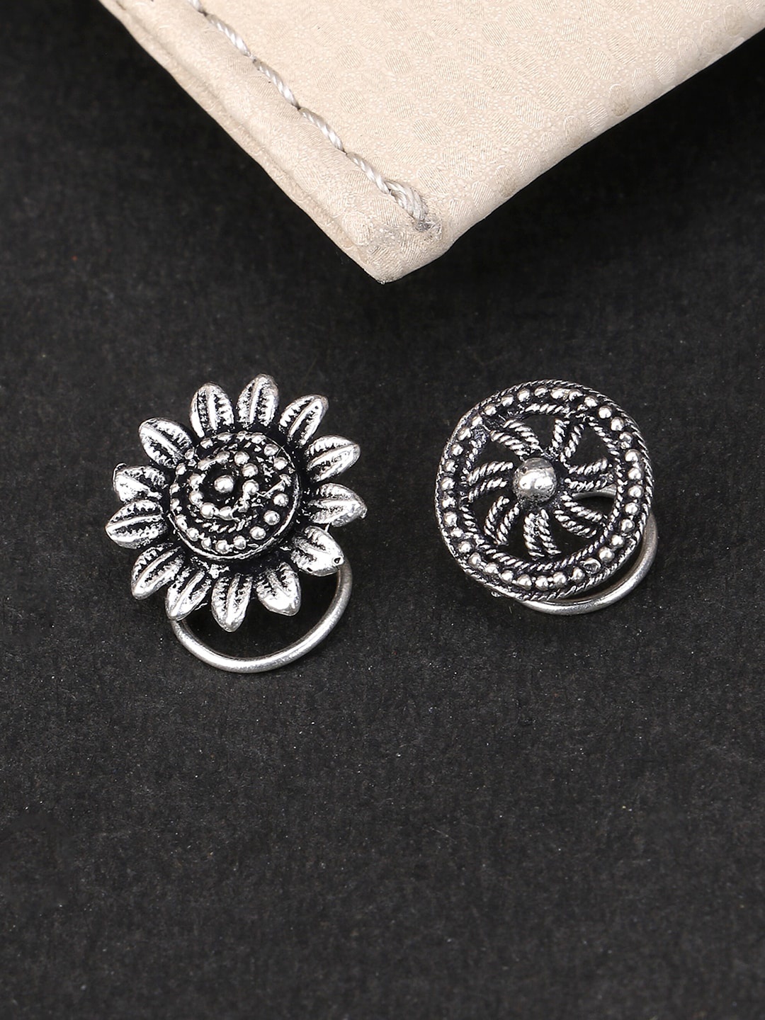 

Adwitiya Collection Set of 2 Oxidised Silver-Plated Clip-On Nosepins