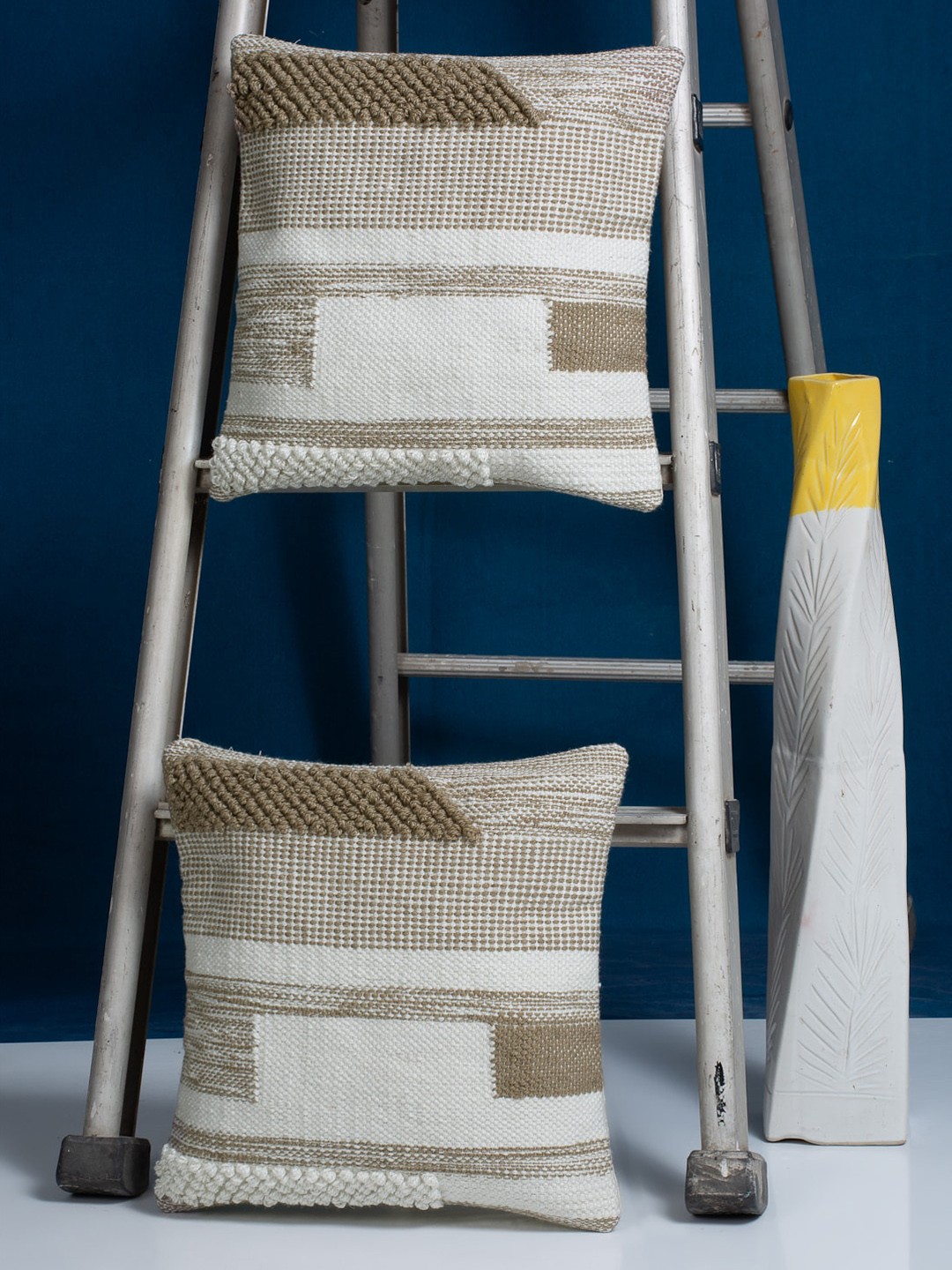 

HOSTA HOMES Set Of 2 Beige & White Self Design Handcrafted Cushion Covers