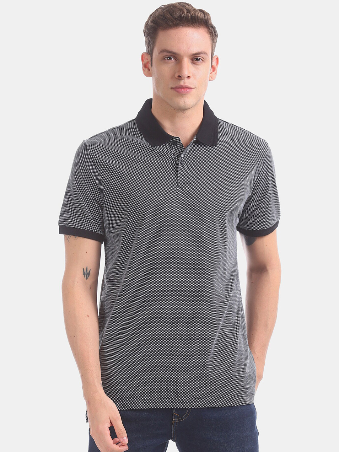 

AD By Arvind Men Black Printed Cotton Polo Collar Pure Cotton T-shirt