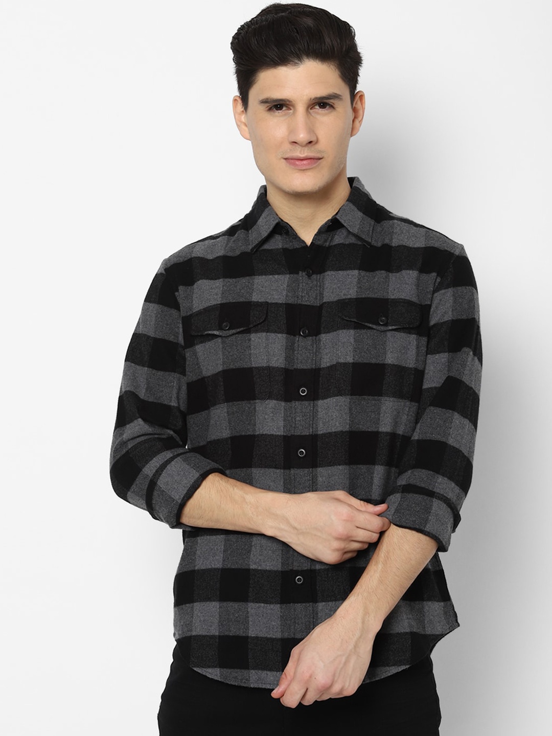AMERICAN EAGLE OUTFITTERS Men Grey & Black Slim Fit Checked Casual Shirt