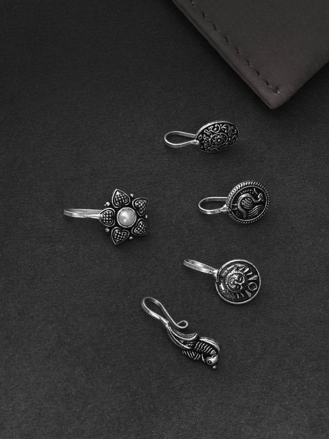 

Adwitiya Collection Set of 5 Oxidized Silver-Plated Nose-pins