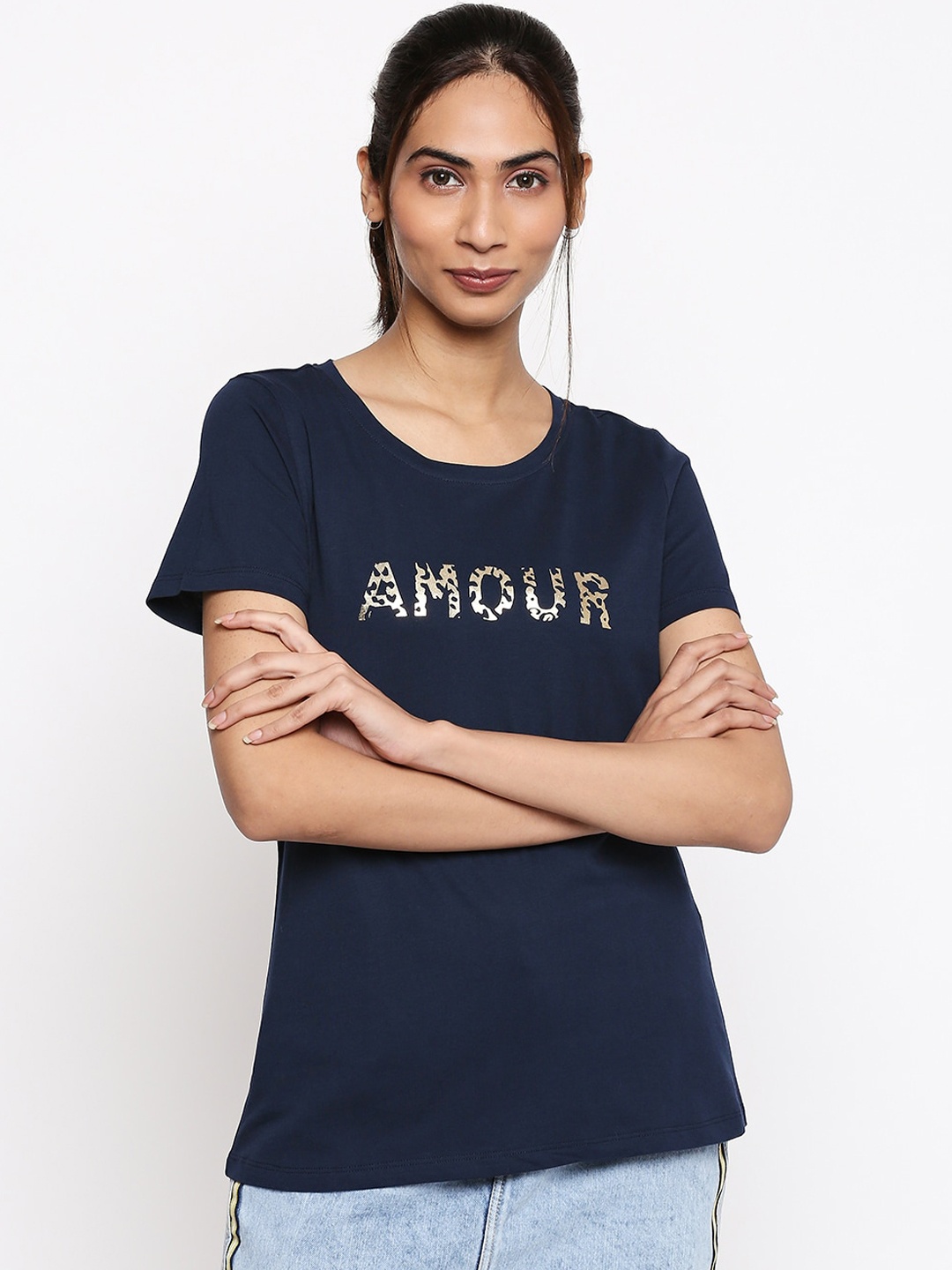 

Honey by Pantaloons Women Navy Blue Printed Round Neck Pure Cotton T-shirt