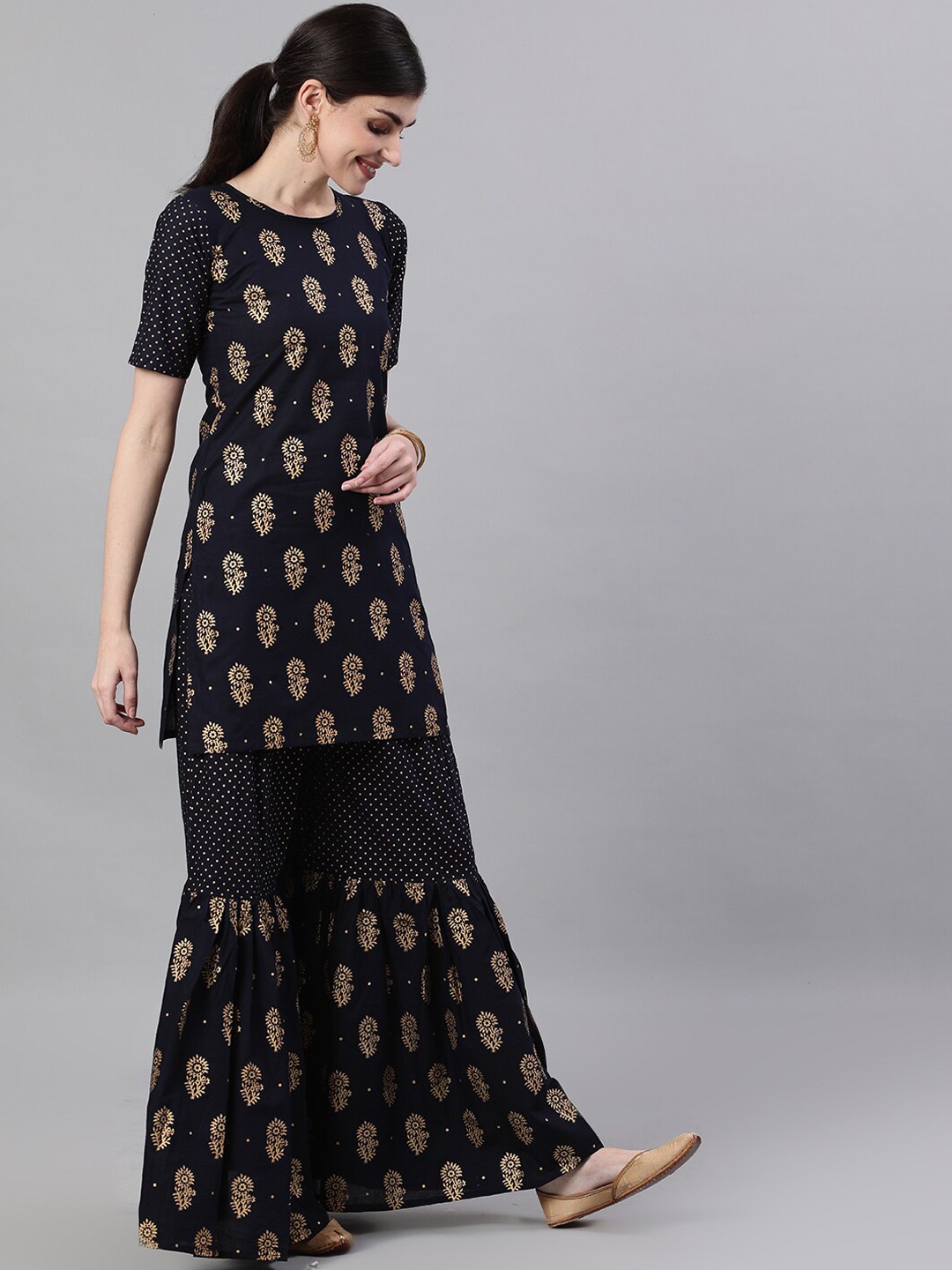 

Nayo Women Navy Blue & Gold-Toned Printed Cotton Kurti with Sharara