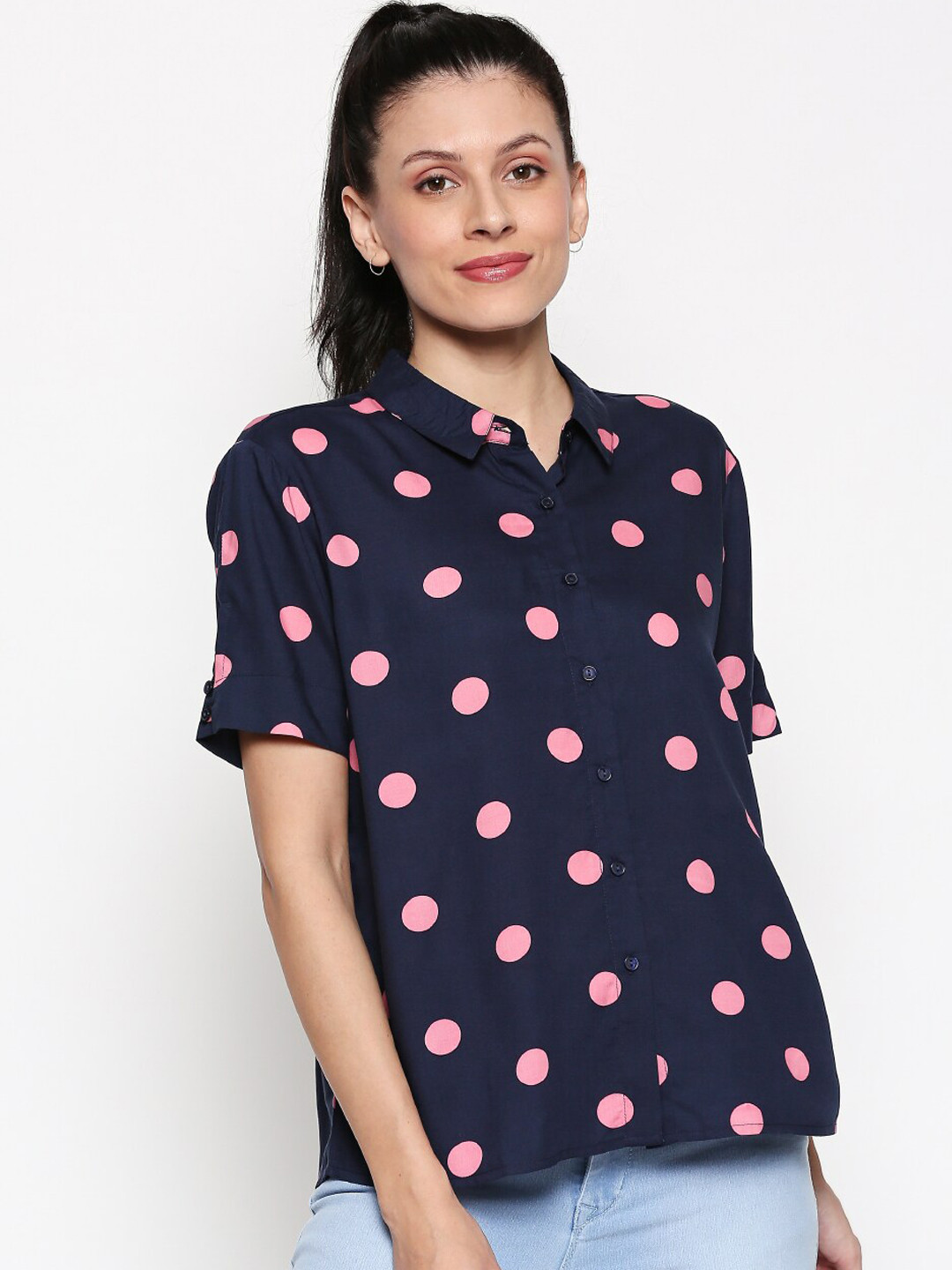 

Honey by Pantaloons Women Navy Blue Printed Shirt Style Top