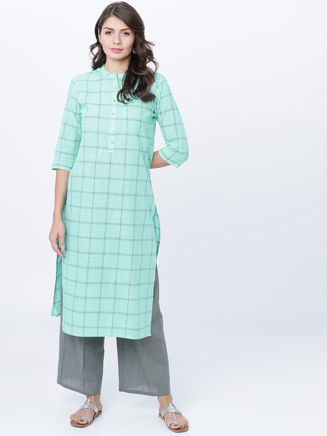 

Vishudh Women Green Checked Straight Kurta