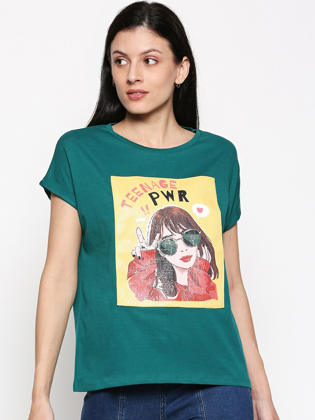 

People Women Green Printed Round Neck T-shirt