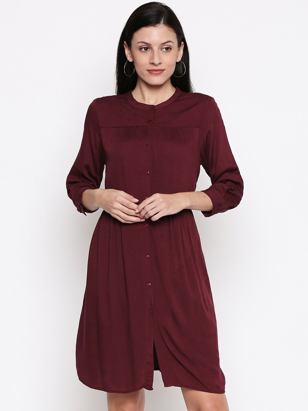 

People Women Maroon Solid Shirt Dress
