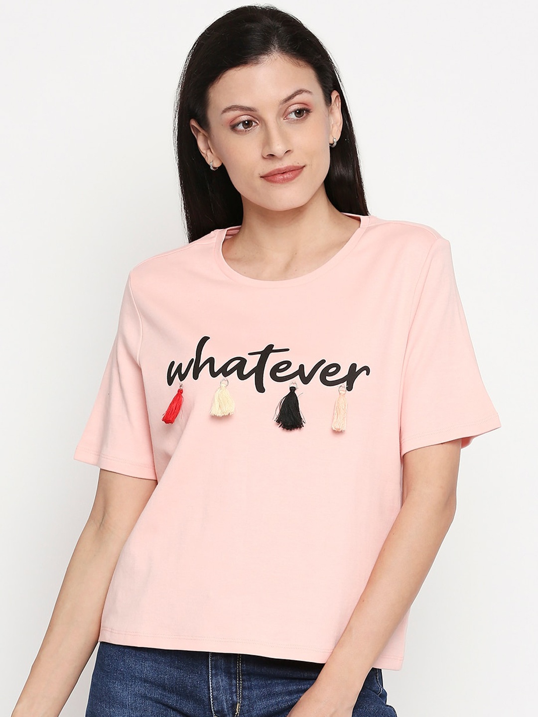 

People Women Pink Printed Cotton Round Neck Pure Cotton T-shirt