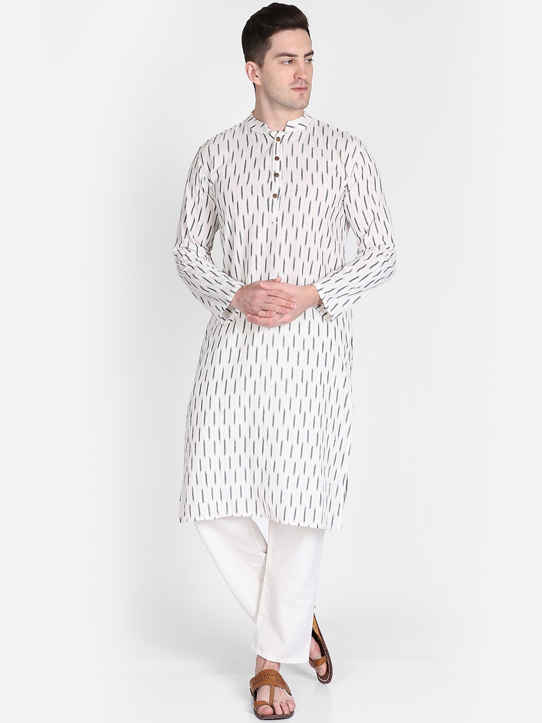 

PAROKSH Men White & Grey Ikat Woven Design Straight Kurta