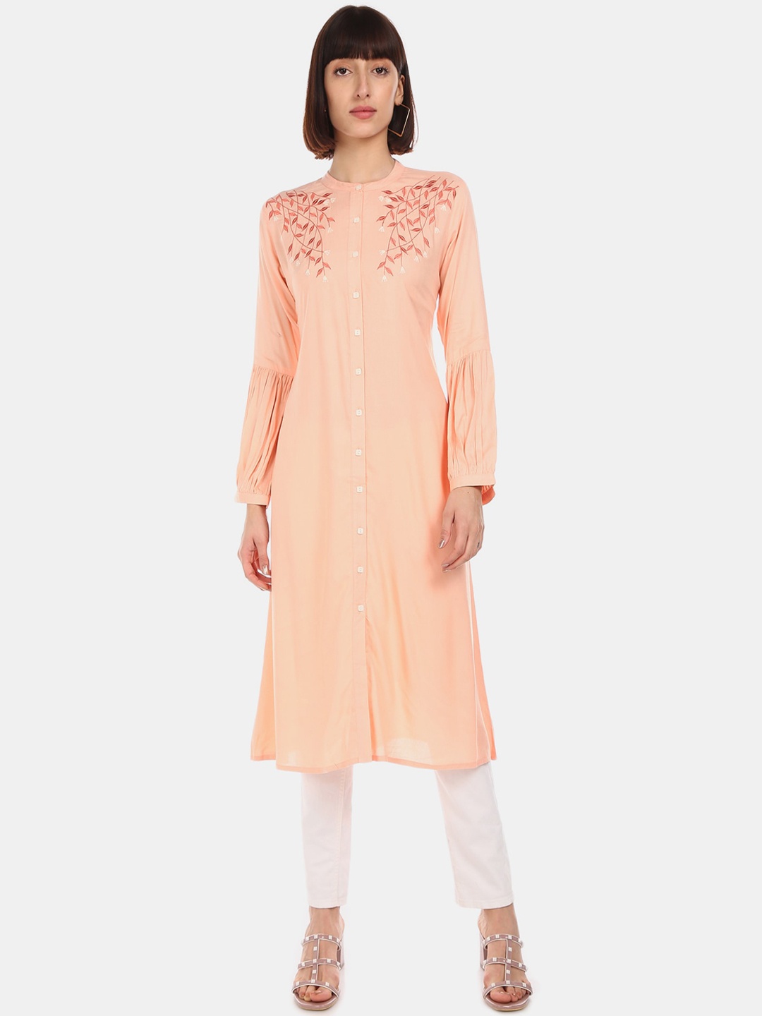 

Karigari Women Peach-Coloured Embroidered A-Line Kurta