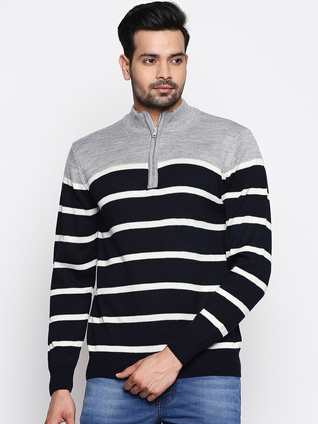 

BYFORD by Pantaloons Men Navy Blue & Grey Striped Pullover Sweater