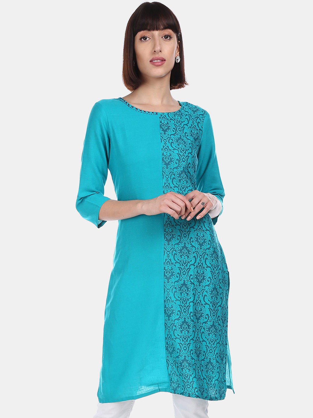 

Karigari Women Turquoise Blue & Black Printed Straight Kurta