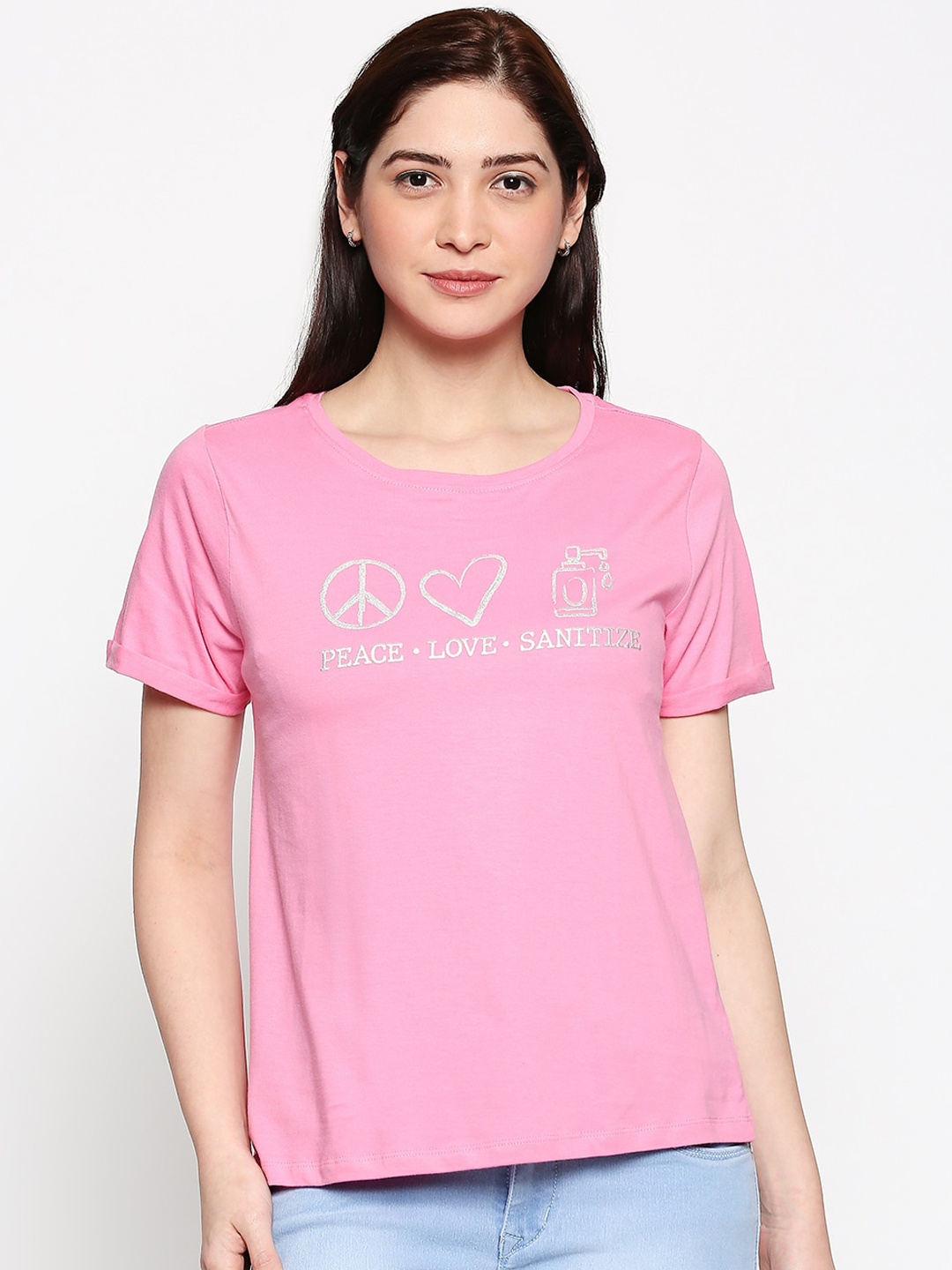 

People Women Pink Printed Round Neck Pure Cotton T-shirt