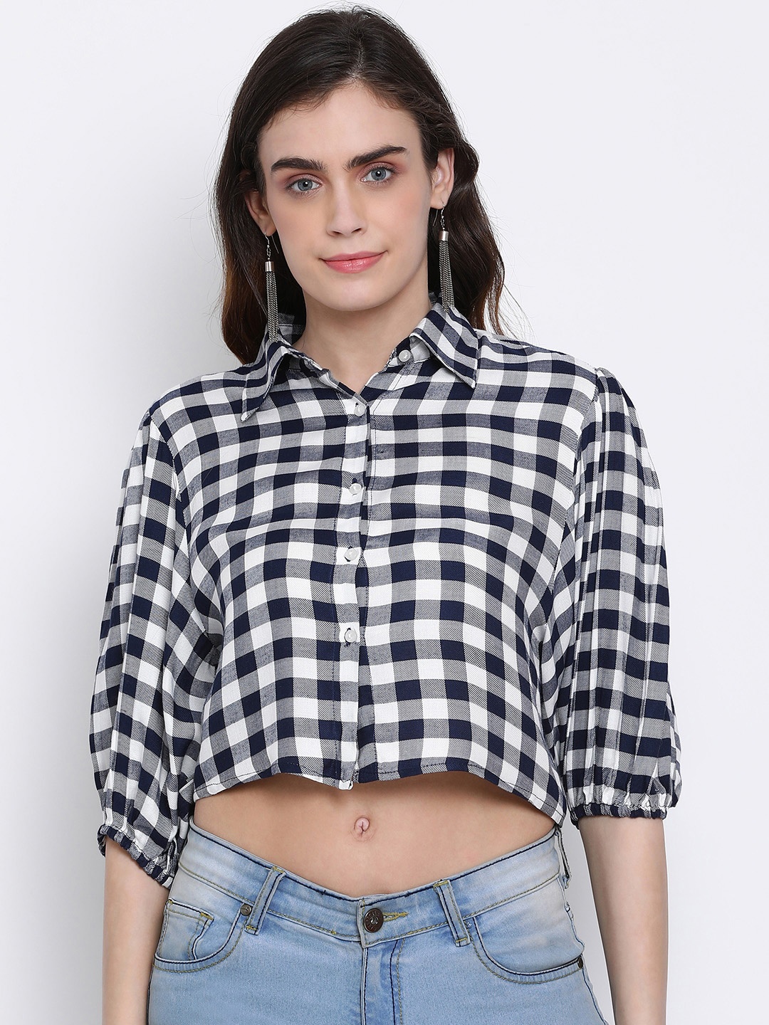 

Oxolloxo Women Navy Blue & White Regular Fit Checked Casual Shirt
