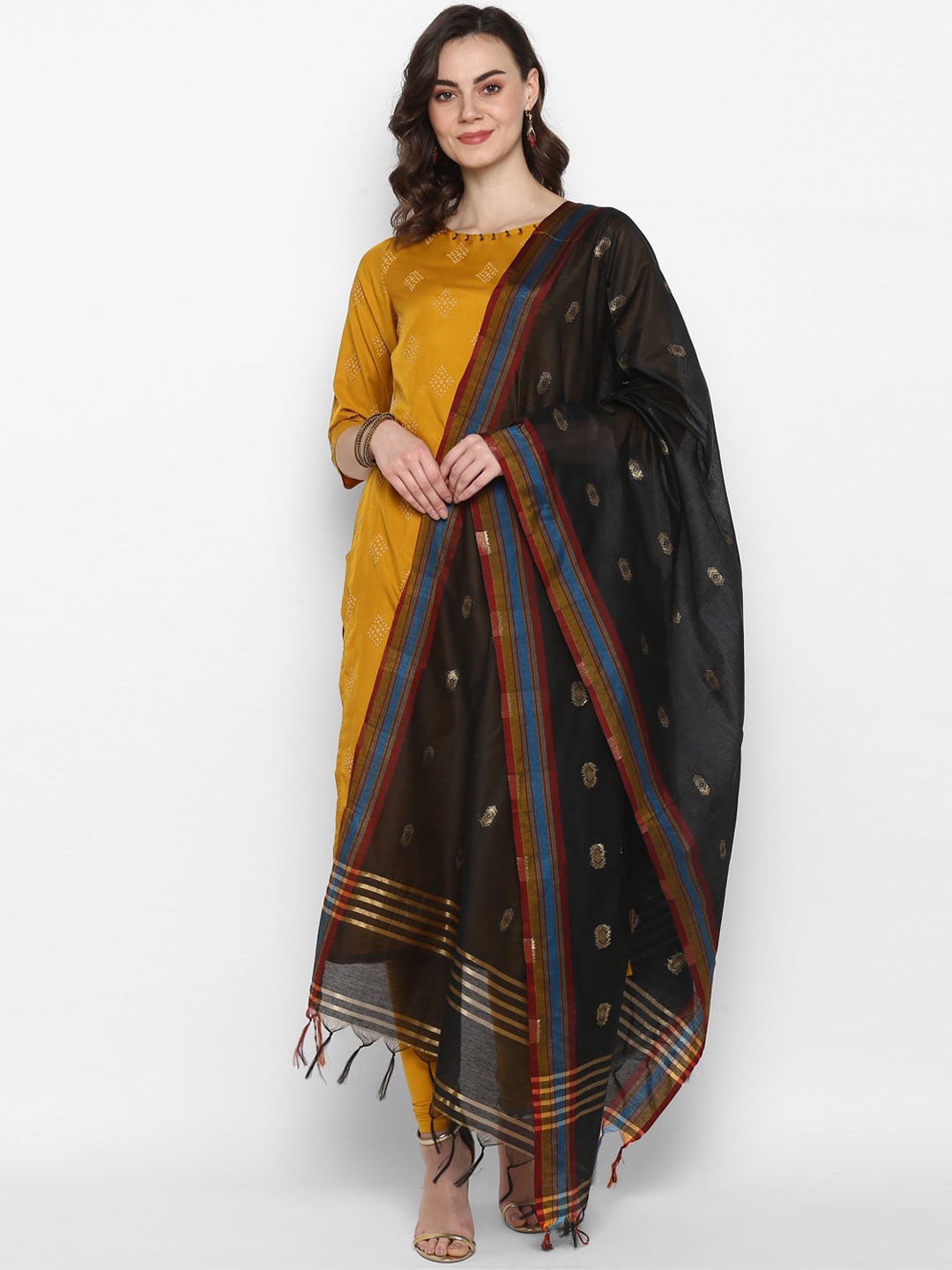 

Janasya Women Mustard Yellow Printed Straight Kurta With Dupatta