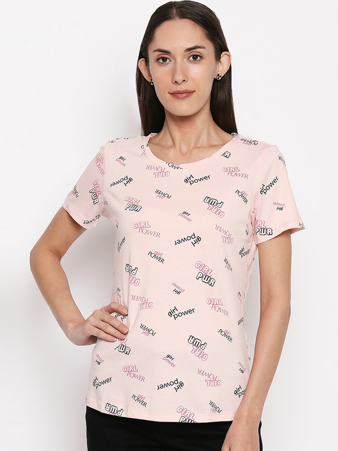 

Honey by Pantaloons Women Pink Printed Round Neck Pure Cotton T-shirt