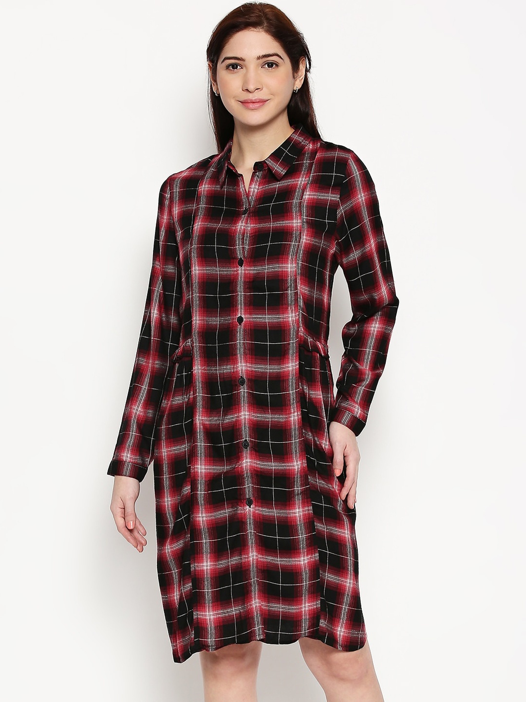 

People Women Black & Red Checked Shirt Cotton Dress