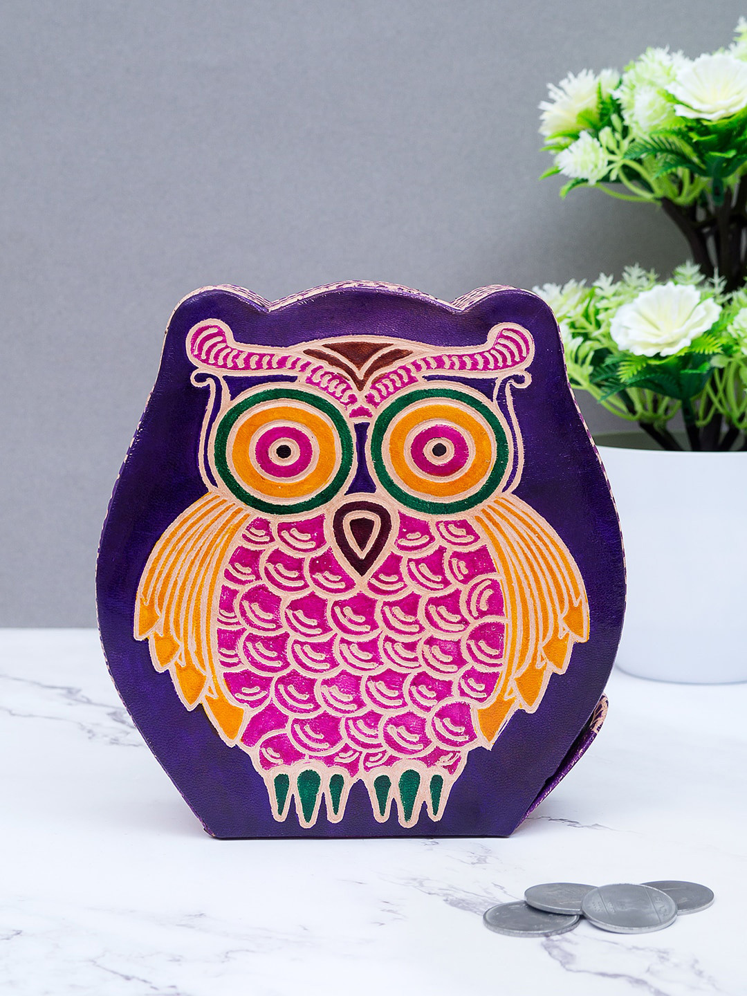 

Golden Peacock Purple & Pink Printed Hand made Leather Owl shape Coin Box