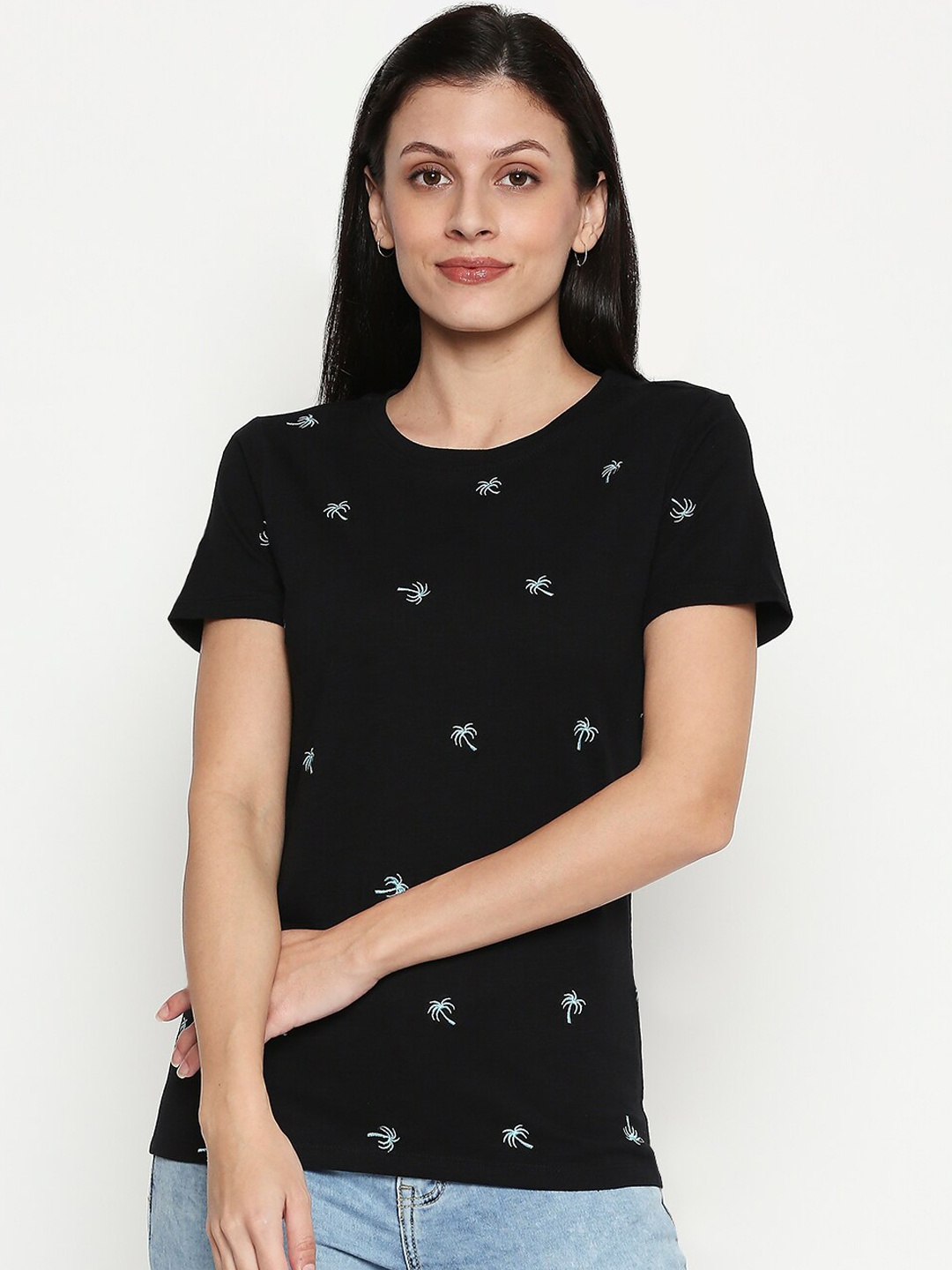 

Honey by Pantaloons Women Black Printed Round Neck Cotton Pure Cotton T-shirt