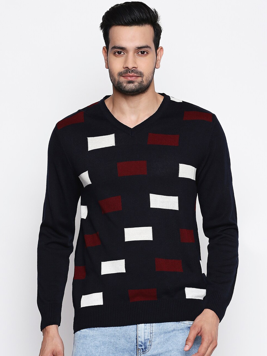 

BYFORD by Pantaloons Men Navy Blue & Red Printed Pullover Sweater